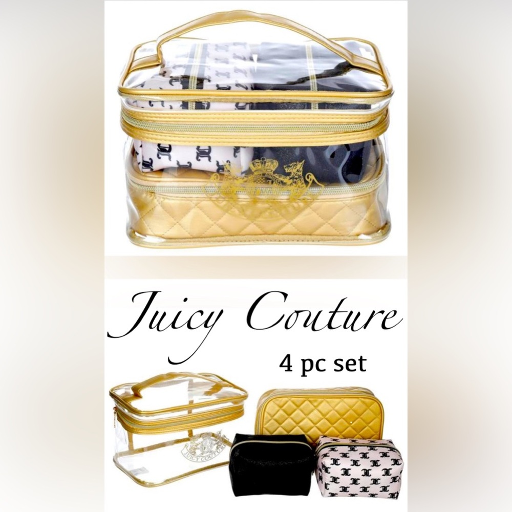 NWT Juicy Couture Gold & Black Cosmetic Bag Set PLUS Travel Toiletry Bottle NEW